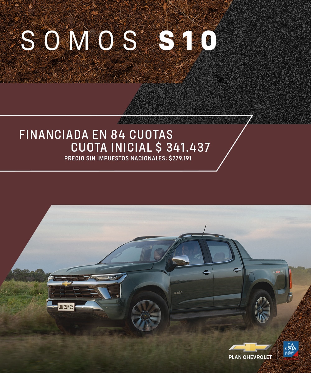 Camioneta Chevrolet S10 verde en campo con promoción de financiación